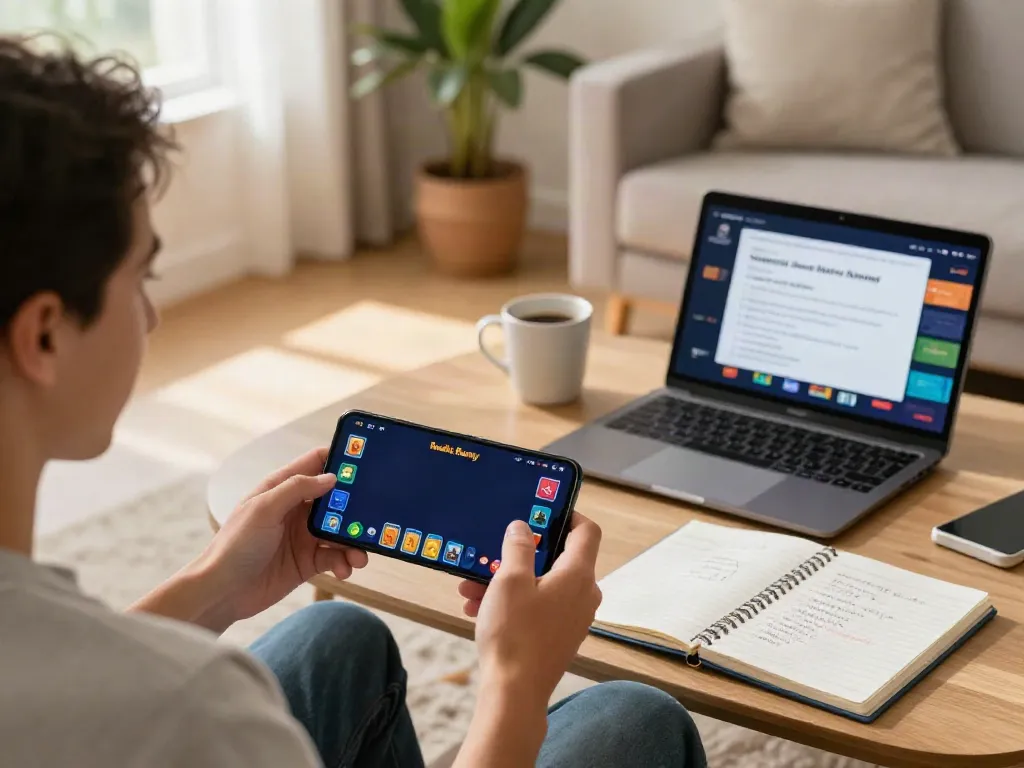 Engaging player using the Rumble Rummy app on a smartphone in a cozy living room setting.