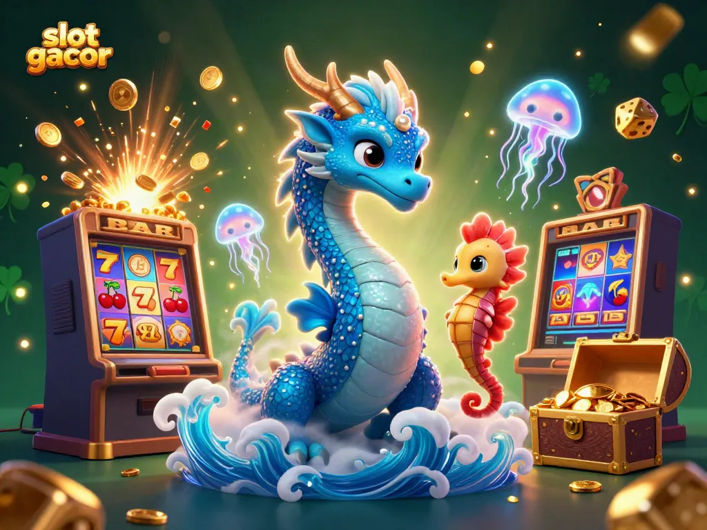 Experience the thrill of slot gacor with an enchanting dragon and seahorse knight amidst jackpot visuals.