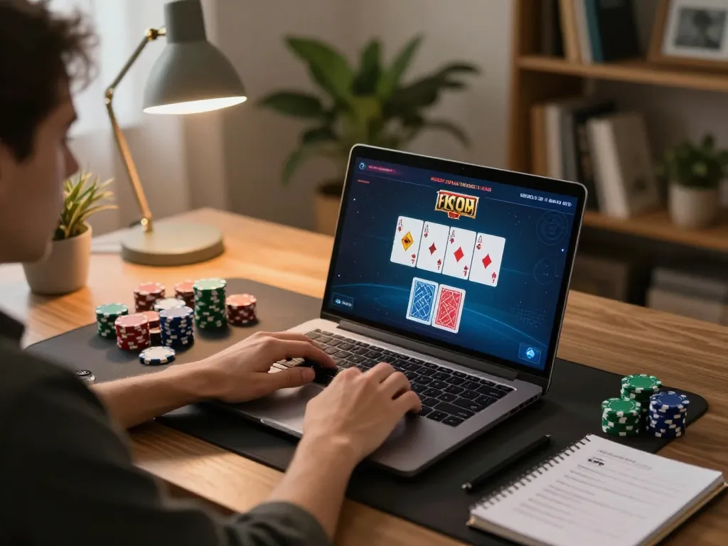 Player strategizing on an online poker game connecting with hoorayblog for winning insights and gaming strategies.