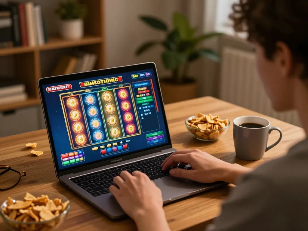 Bintangmpo menunjukkan pengaturan kasino online yang menarik dengan pemain yang fokus pada antarmuka permainan slot yang berwarna-warni.