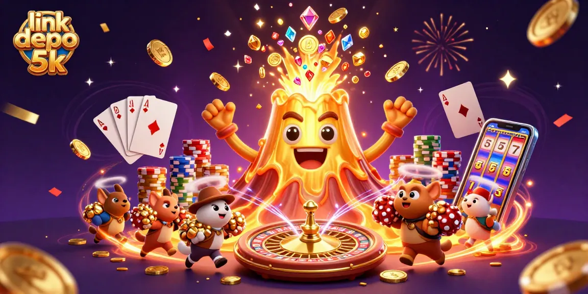 Experience the thrill of link depo 5k with a vibrant illustration of a erupting treasure volcano, dynamic casino elements, and celebratory energy.