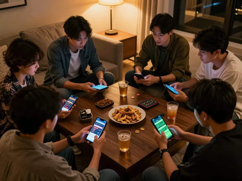 Friends strategizing bets using the 789win app in a lively home setting.