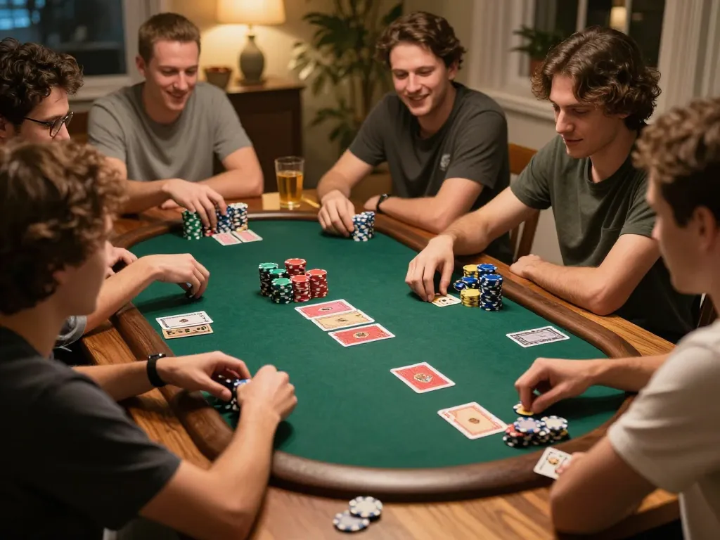 Friends enjoying an engaging poker game at home with VK88 chips stacked, highlighting strategic gameplay.