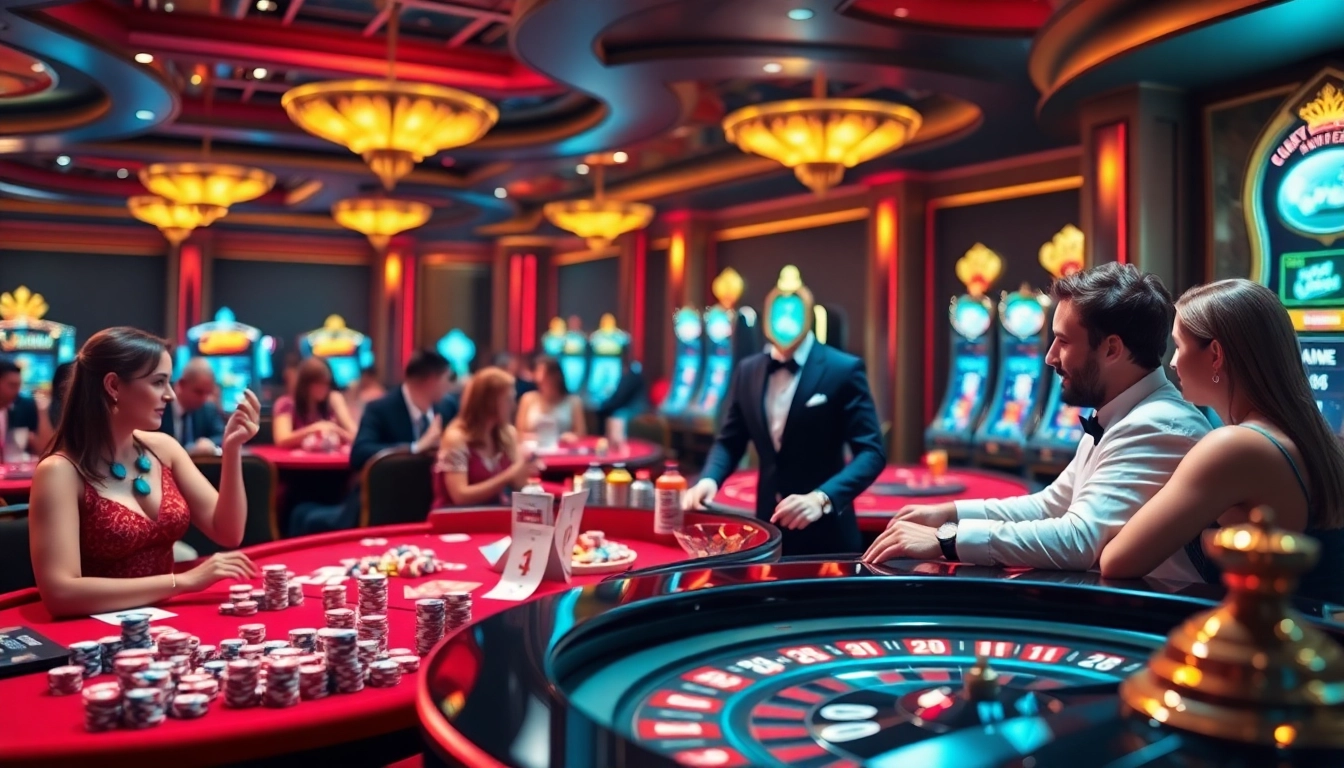 Experience the excitement of Bomwin with vibrant casino visuals featuring tables and slots.