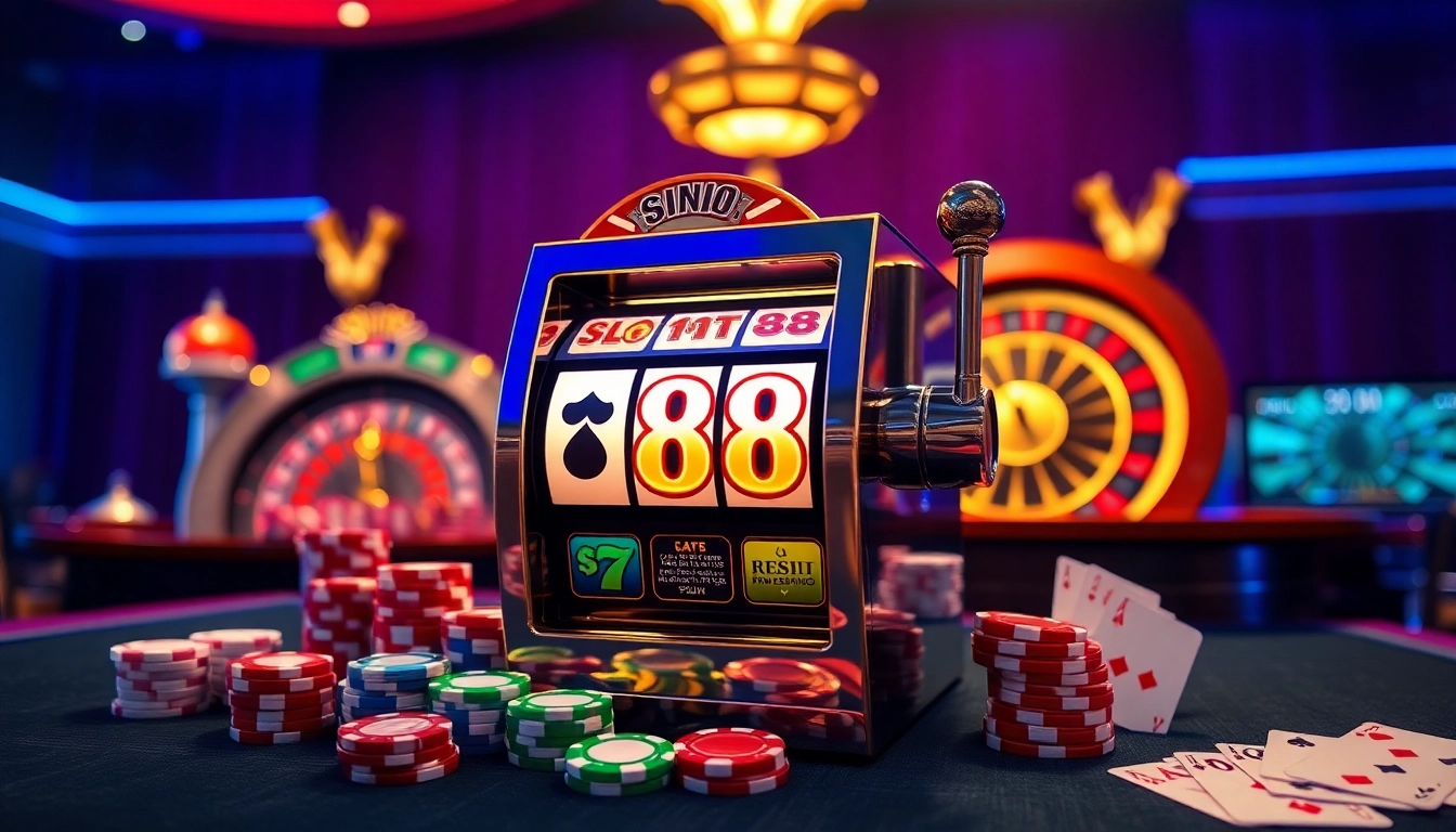 Pemain yang terlibat memutar mesin slot88 di setting kasino mewah yang dipenuhi dengan kegembiraan.