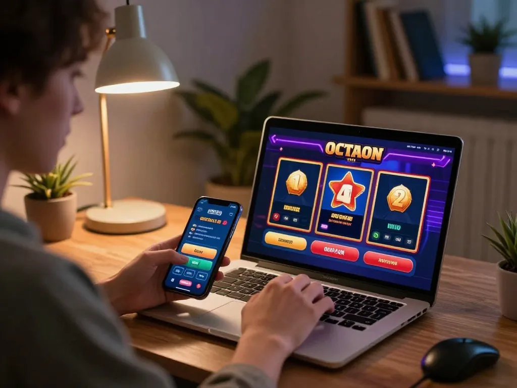 Engaging scene of a person using octaslot app on a laptop while enjoying a cozy home gaming setup.
