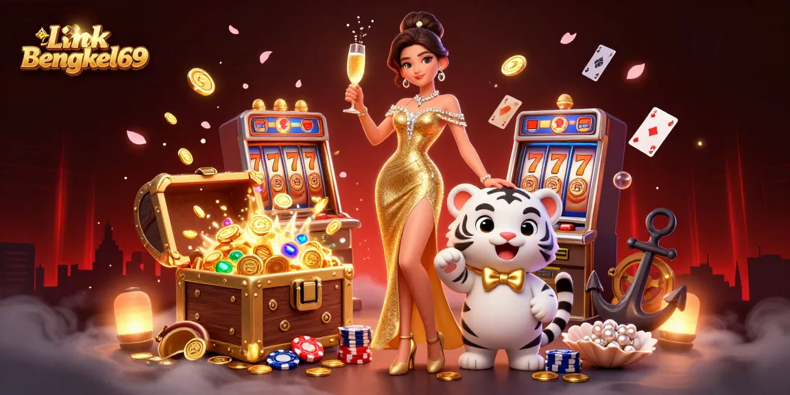 Experience gaming excitement with Link Bengkel69, featuring a glamorous woman and a lucky tiger amidst poker chips and slot symbols.