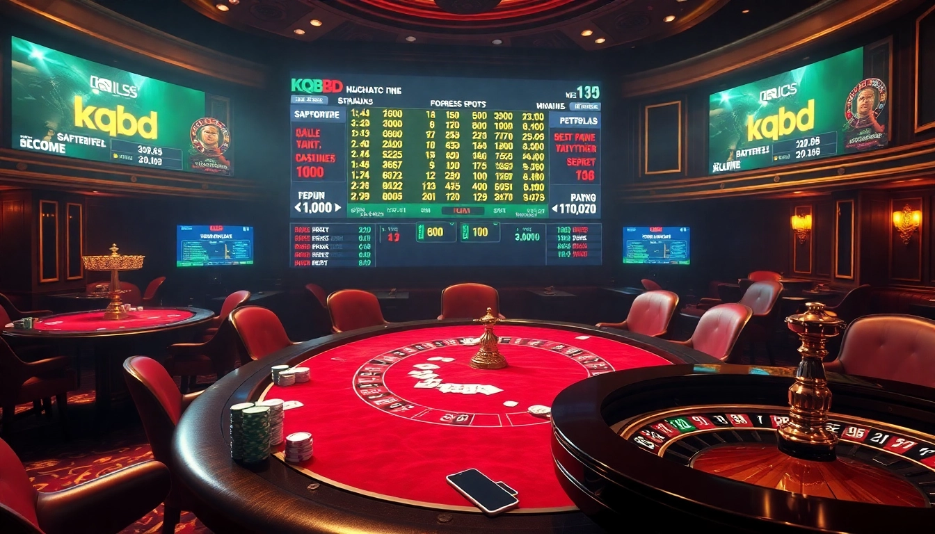 Gamblers engaged at a poker table in a vibrant casino setting, with live kqbd scores displayed.