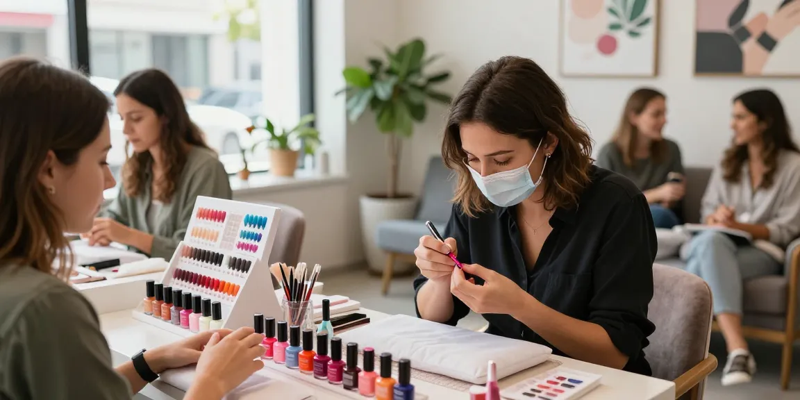 Trendy nail salon scene with nail technician applying polish in vibrant colors.