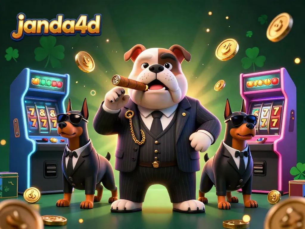 Gambaran janda4d yang menggambarkan bos mafia bulldog dan penjaganya dalam suasana kasino yang berwarna-warni.