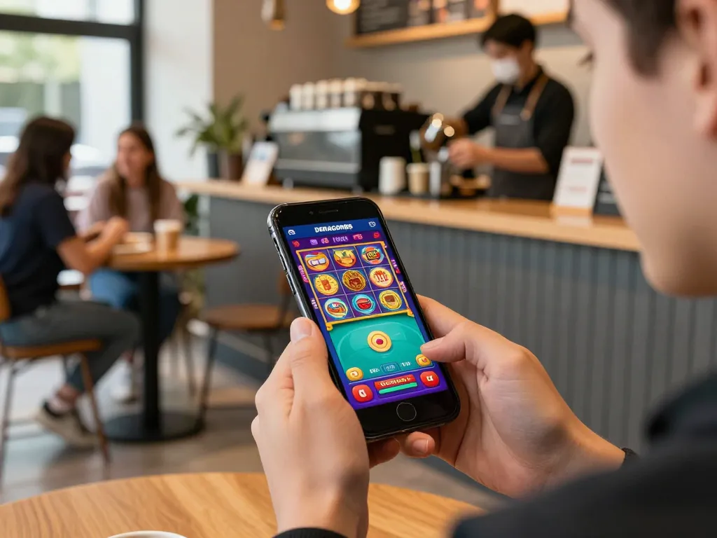 Menikmati permainan di aplikasi mobile deragon88 sambil menyeruput kopi di kafe yang ramai