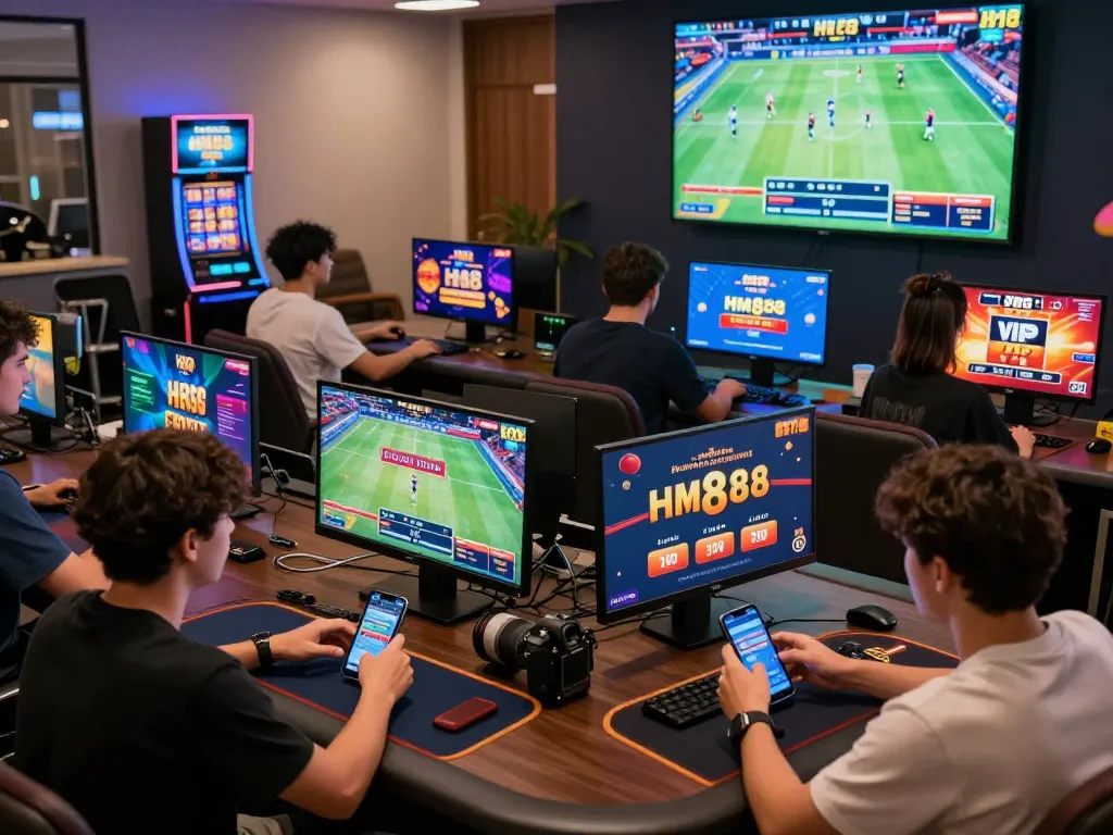 HM88 VIP online gaming experience with players enjoying diverse games, showcasing excitement and promotions.
