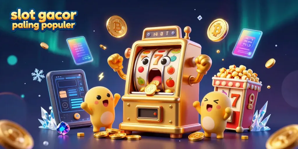 Slot gacor paling populer dengan mesin slot emas animasi menang jackpot dikelilingi koin dan elemen slot lainnya.