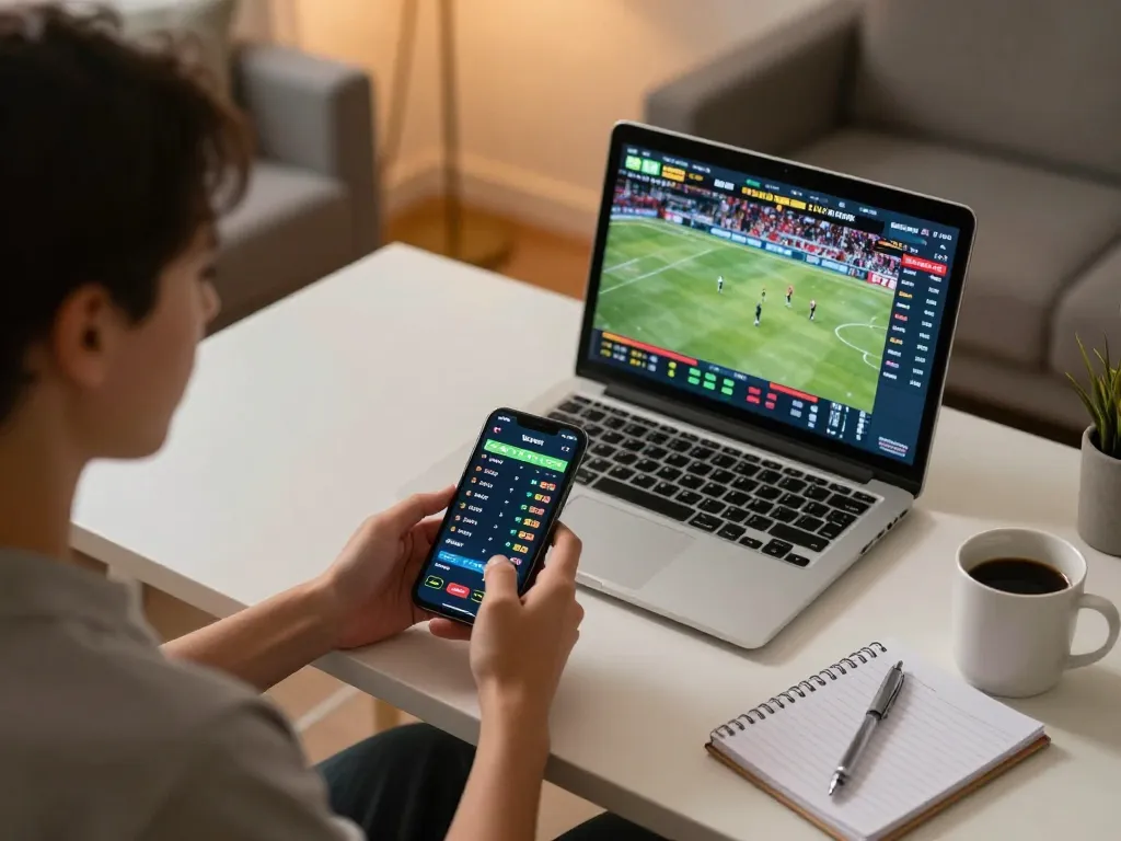 F8BET user engaging in live sports betting on smartphone while analyzing game statistics.