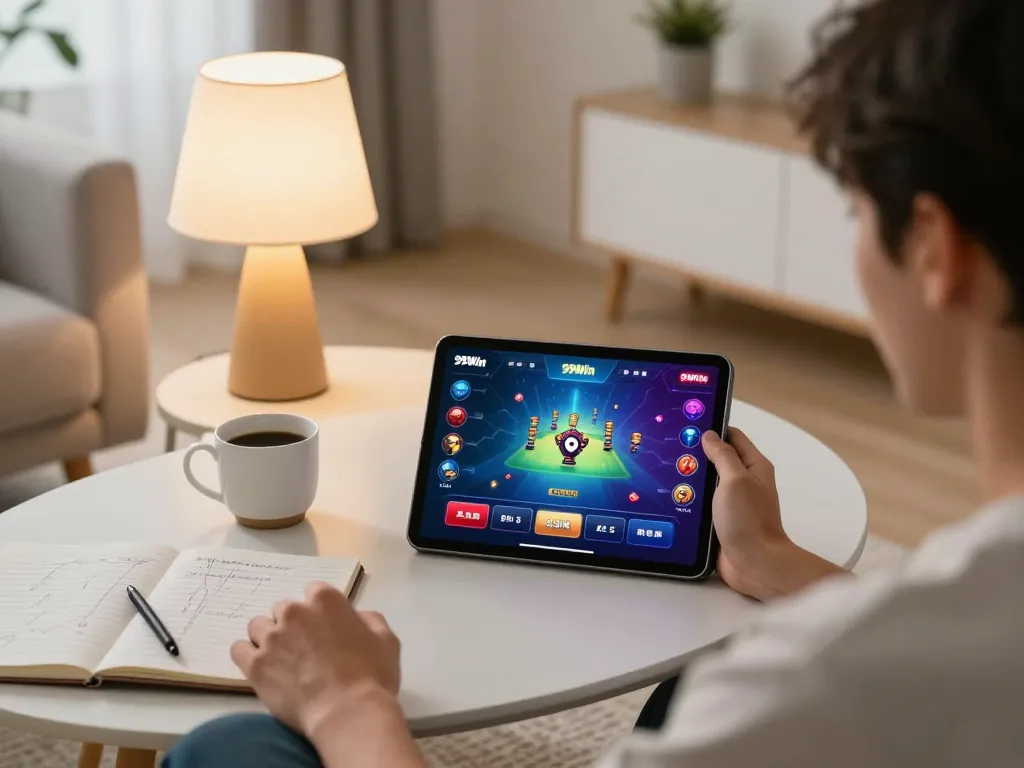 Engaging with 99Win casino app on a tablet in a cozy home setting, illustrating online gaming