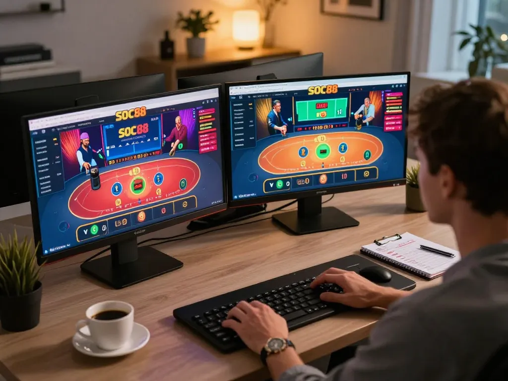 Engaging online gameplay on soc88 with multiple screens displaying live casino action and strategic betting notes in cozy home setting.