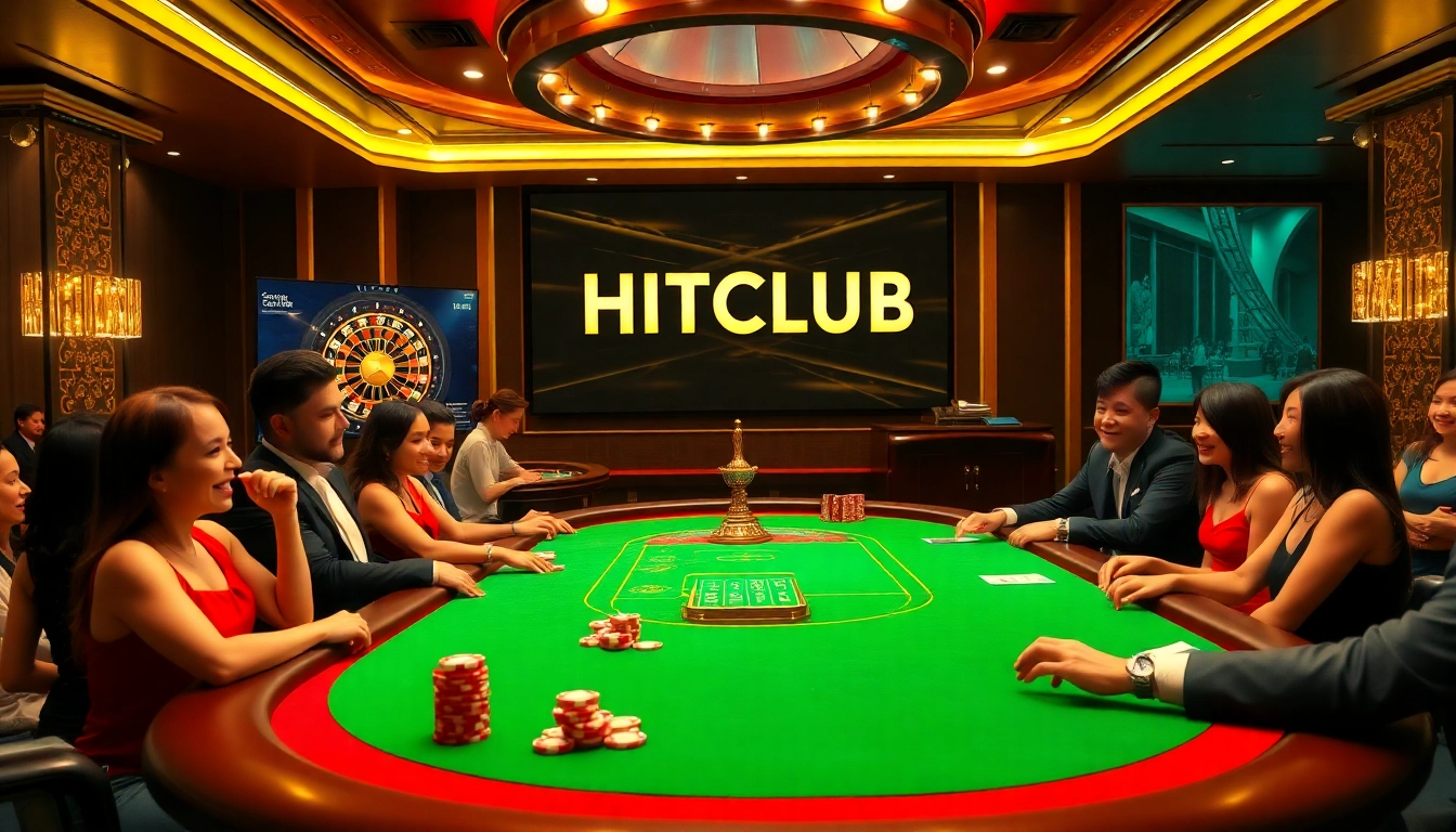 Players enjoying their game at HITCLUB's luxury casino, surrounded by roulette and poker excitement.