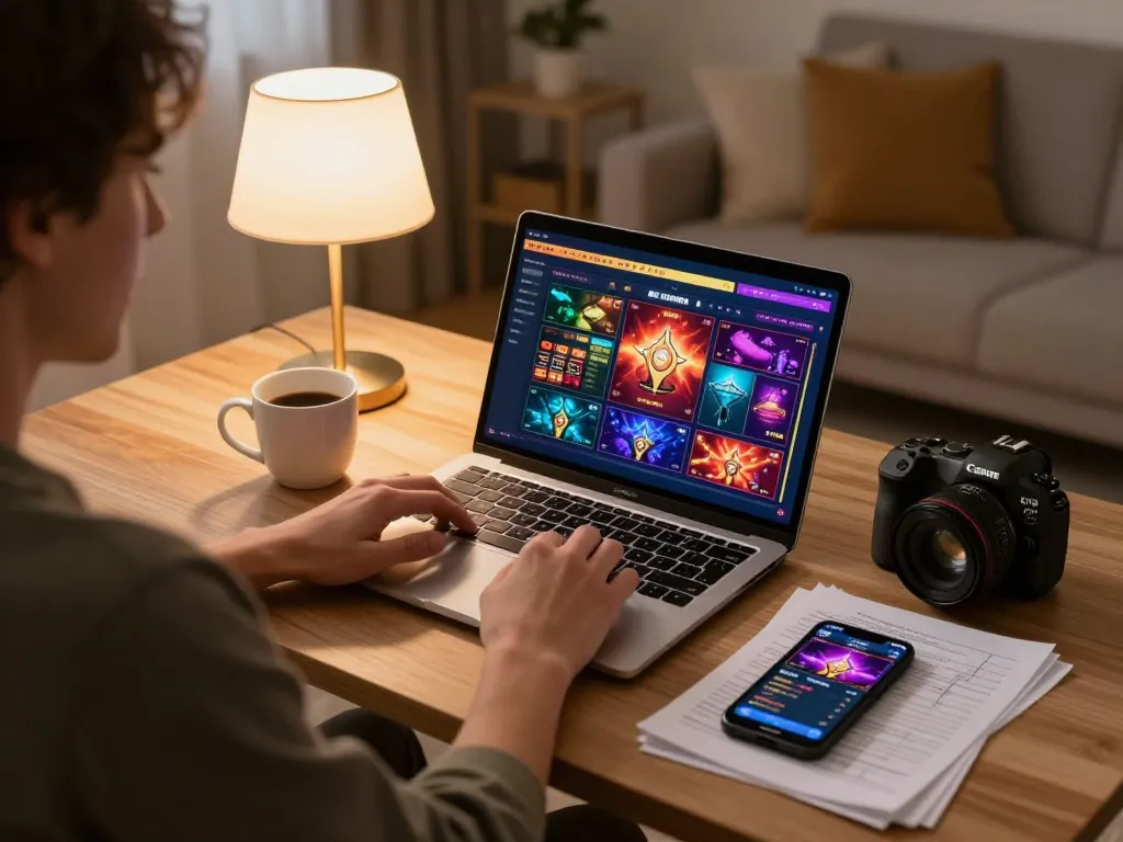 Players engaging with online casino games on f8beta2 platform with strategic focus in a cozy home setting