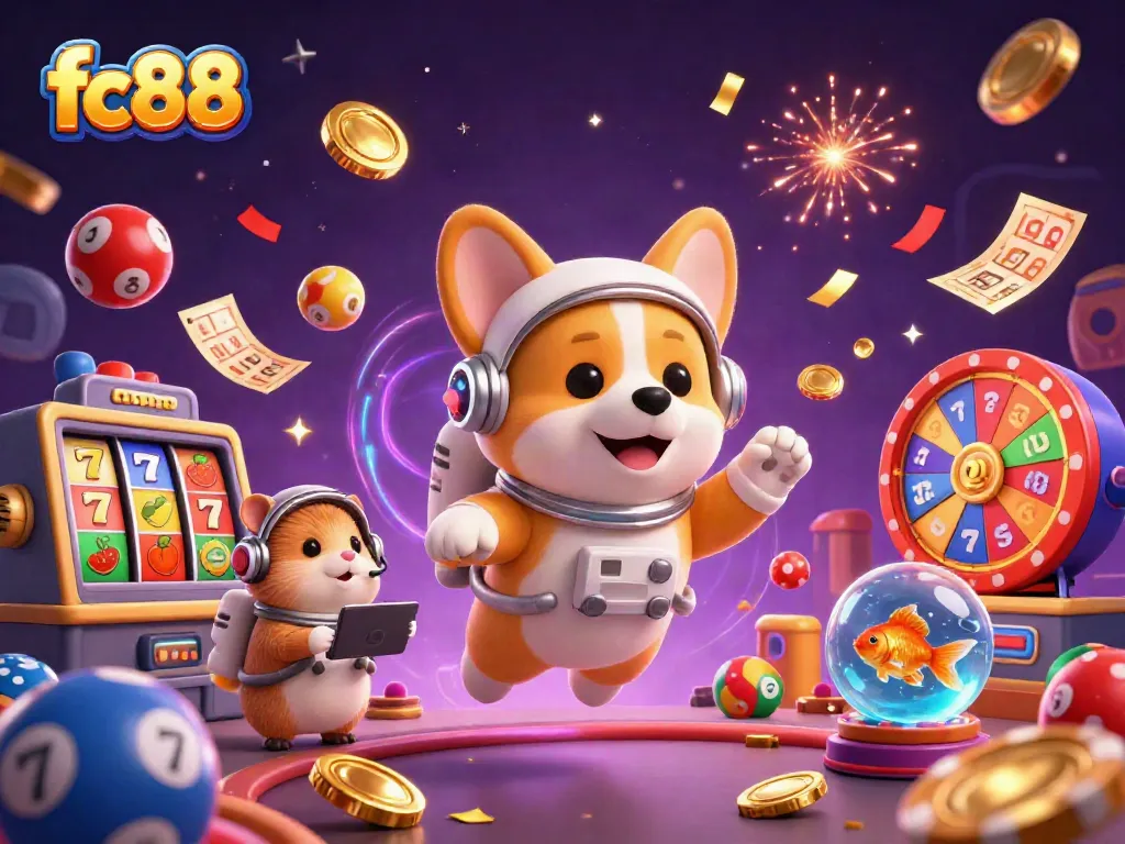 Win big with fc88 as a corgi astronaut floats in a vibrant space casino filled with games.