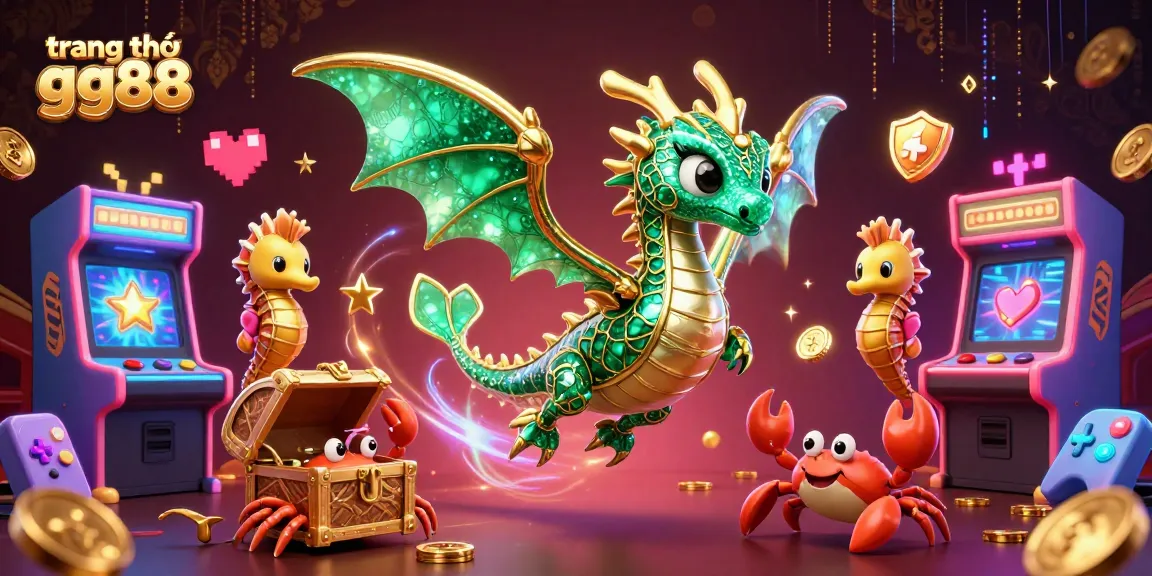 Experience thrilling gameplay at trang chủ gg88 with a dynamic 3D casino illustration showcasing sea dragon, arcade machines, and vibrant effects.