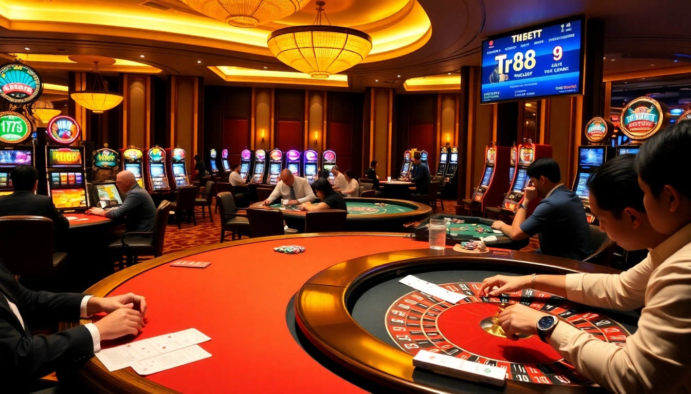 Experience thrilling gameplay with tr88 bet at a luxurious casino table surrounded by vibrant slot machines.