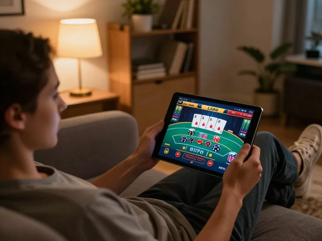 Experience thrilling online gaming with LV88 on a cozy evening, enjoying poker on a tablet.