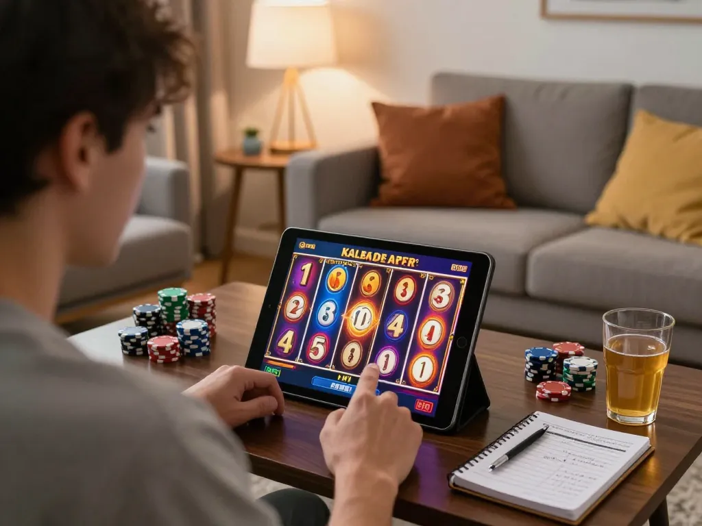 Terlibat dalam permainan slot pulsa online di tablet di rumah, menampilkan grafis yang menarik dan suasana yang nyaman.
