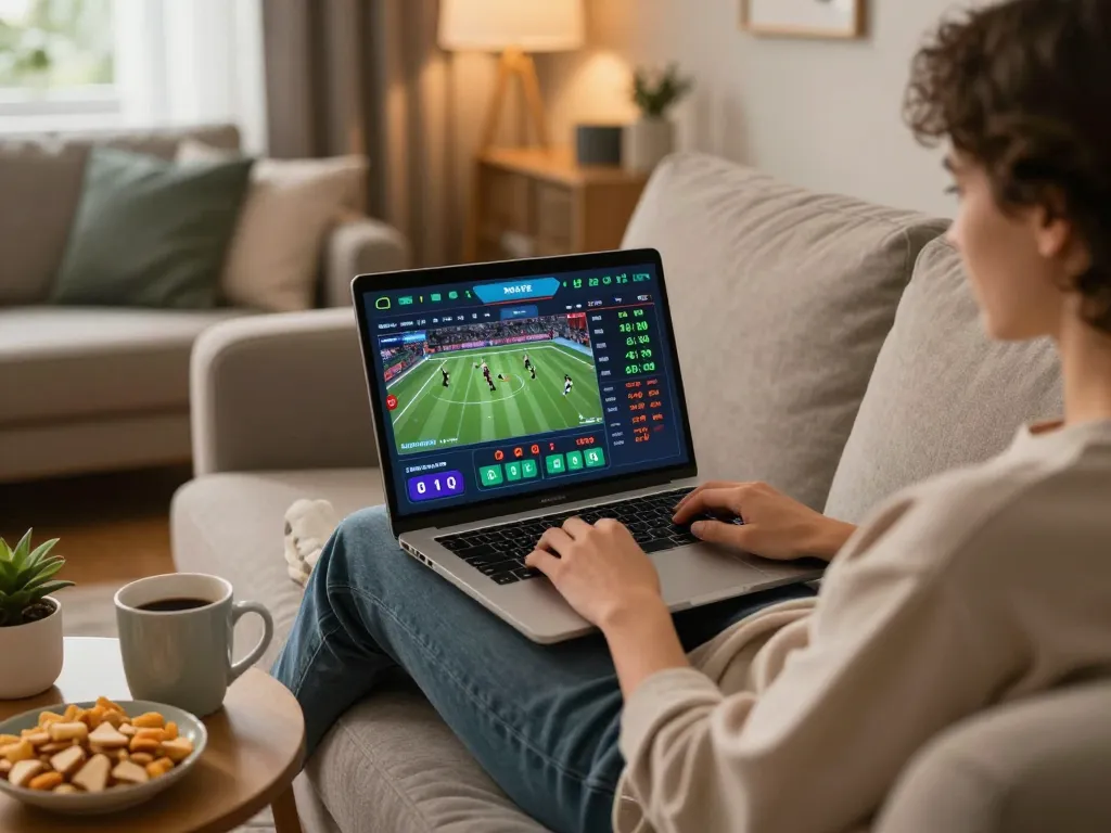 Cà Khịa TV sports betting scene with a user placing bets online in a cozy home environment
