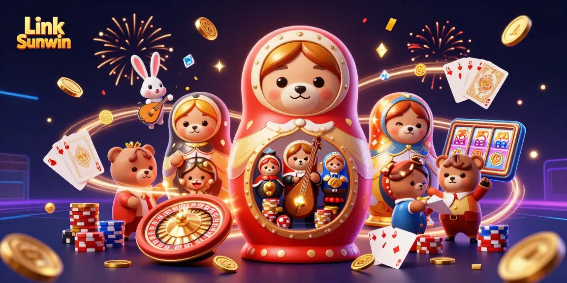 Engage with Link Sunwin through a vibrant casino adventure with colorful characters and casino elements.