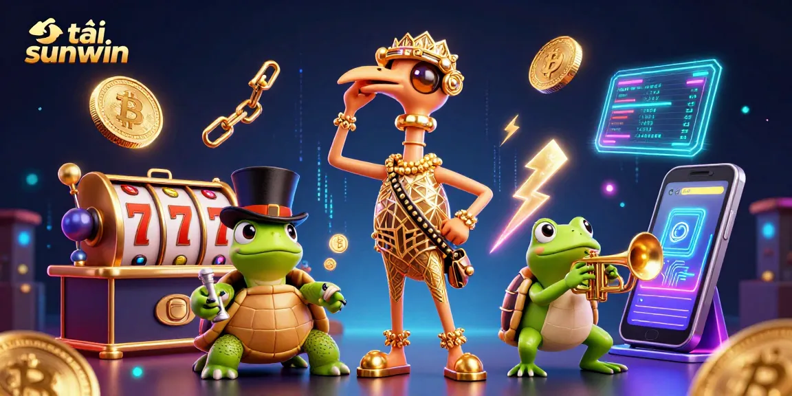 Tải sunwin and enjoy thrilling slots with vibrant characters and glowing crypto elements in a lively 3D casino
