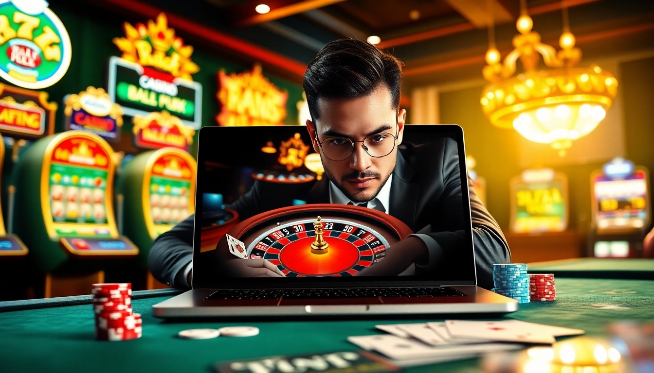 Experience raja luck in an exciting casino scene with vibrant lights, games, and high stakes.