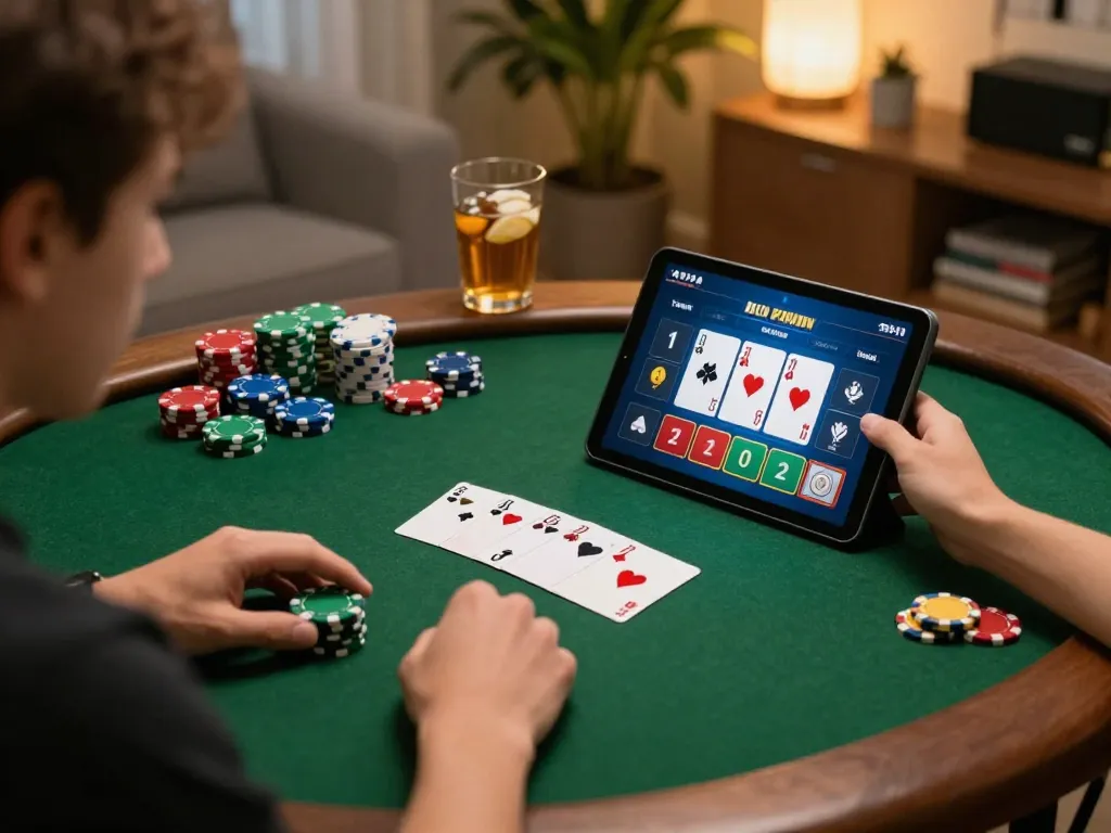 Engaging poker gameplay on a tablet at home, showcasing https://98winn.net/ strategies for improved odds.