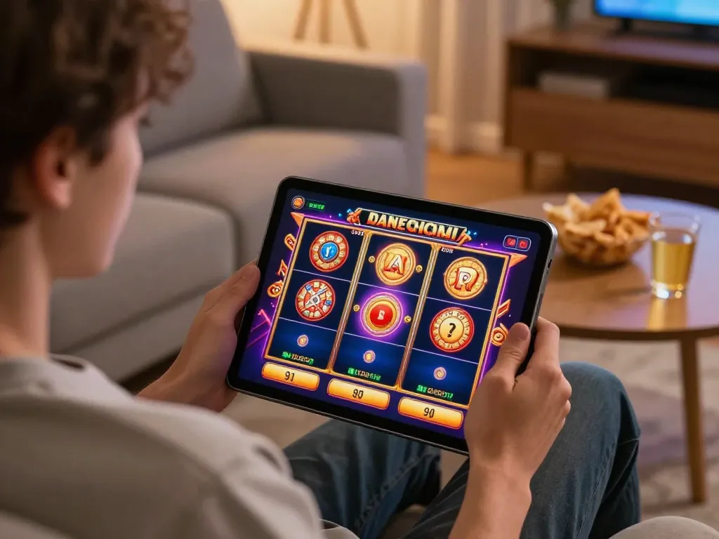 Cucu777 player enjoying online slots on a tablet in a cozy living room setting