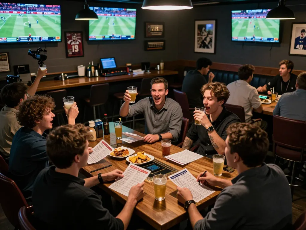 View of lively sports betting at https://rr888.shopping/ with friends cheering and reviewing betting slips.