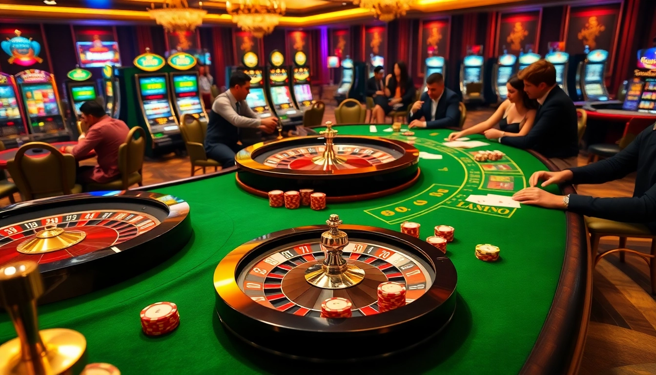 Engaging casino scene illustrating Giải mã giấc mơ with vibrant games, luxury tables, and players betting.