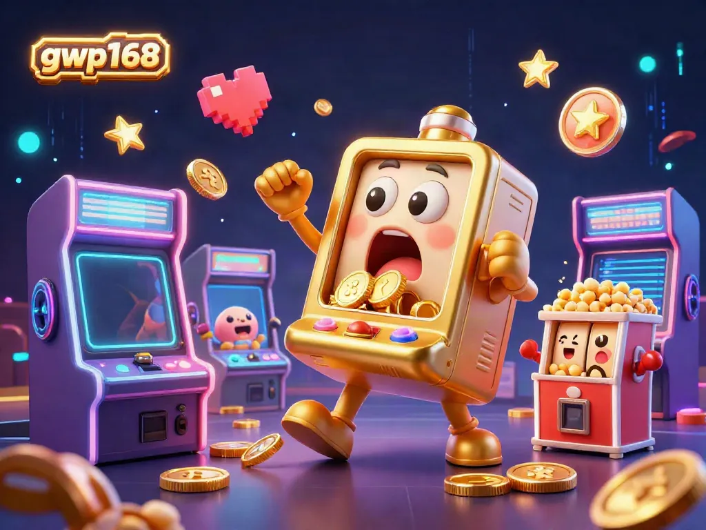 Permainan slot gwp168 yang mengagetkan saat jackpot, dengan koin berkilau mengalir dari mesin slot.
