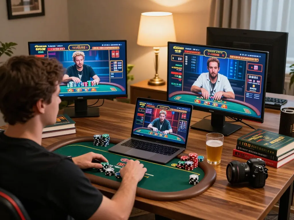 Player engaging in live dealer games in a cozy online casino setup at home using jikankasi strategies for better odds.