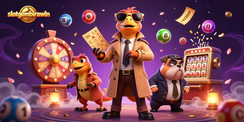 Experience slotgembirawin with raptors in a trench coat entering a VIP casino surrounded by lottery excitement.