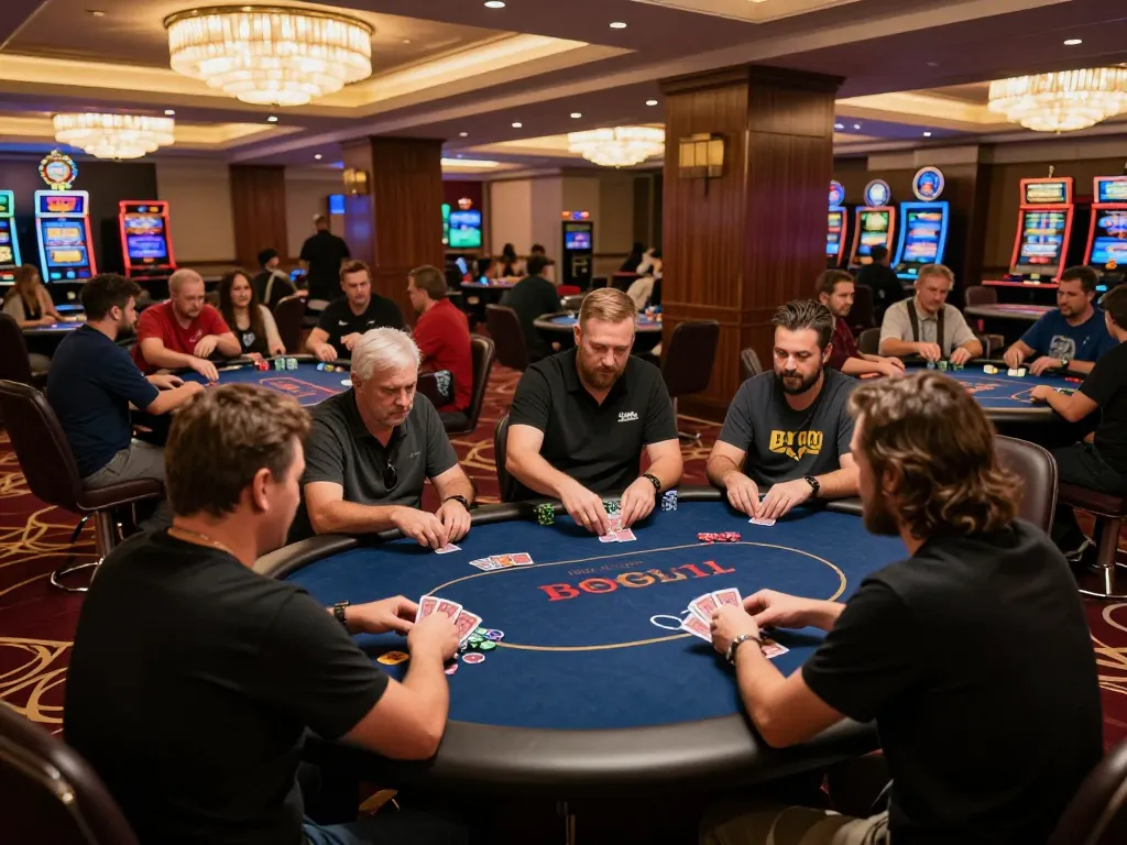 Engaged players at a Sky88 poker table strategizing for a winning hand in a vibrant casino atmosphere.