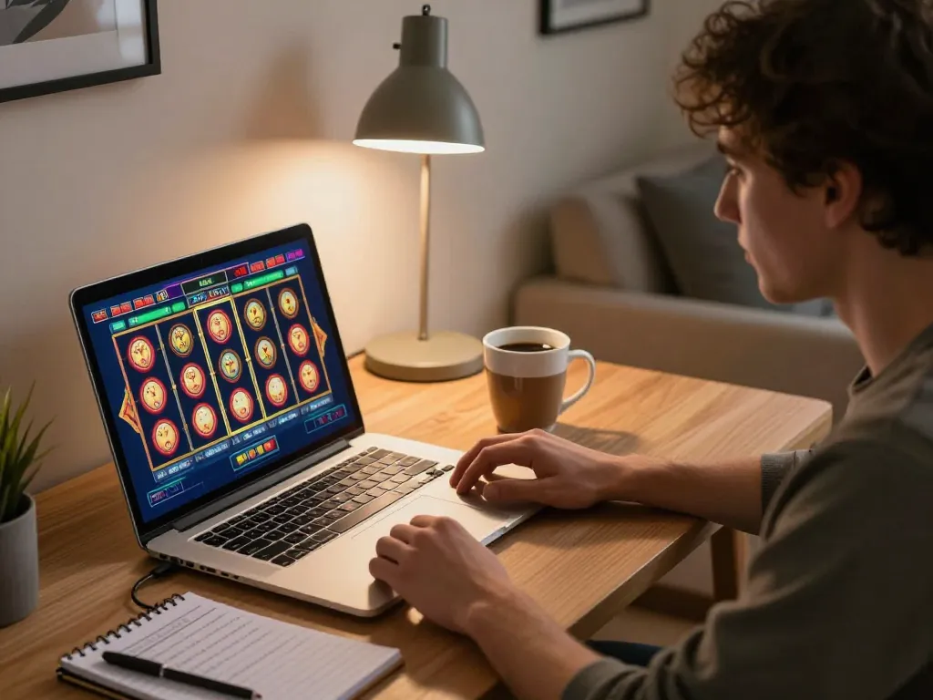 Engaging in online gaming sessions at Situs Toto with vibrant slot machines displayed on screen.