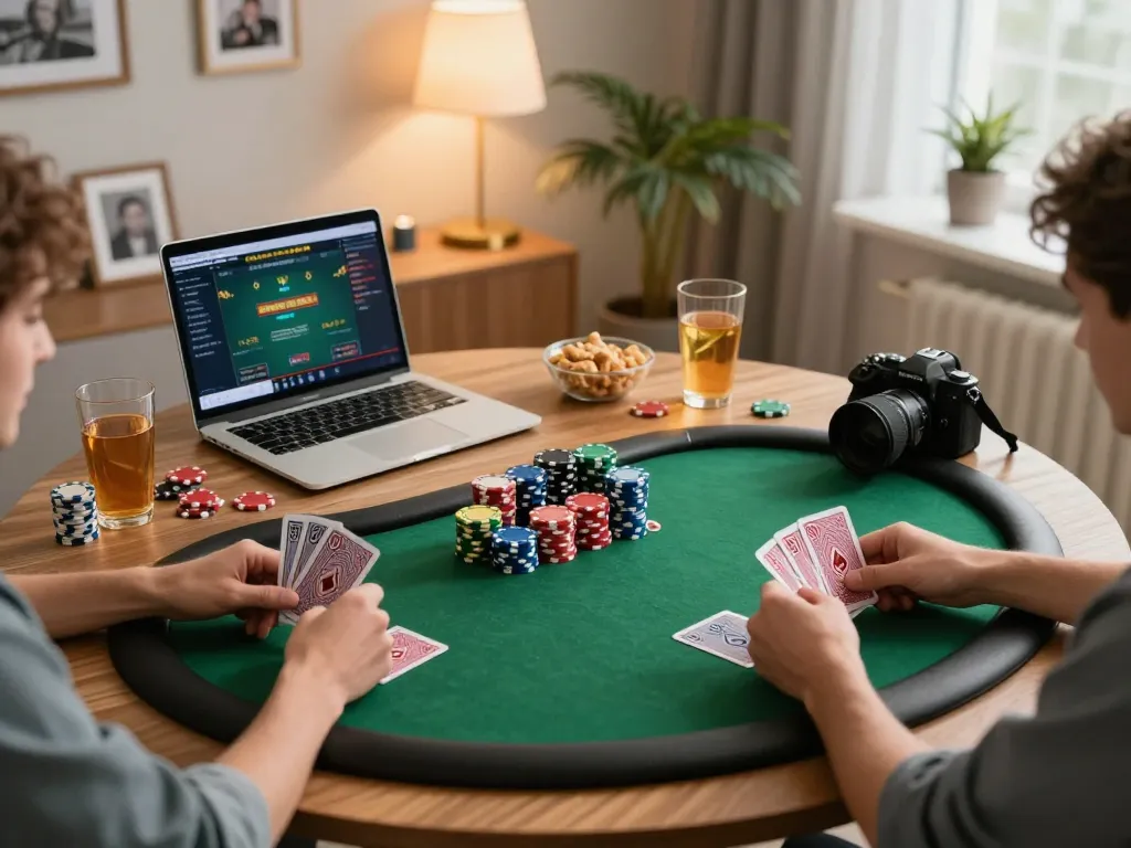 Playing online poker on https://www.bdtk66.one/ with friends at a cozy home setup, cards and chips in view.