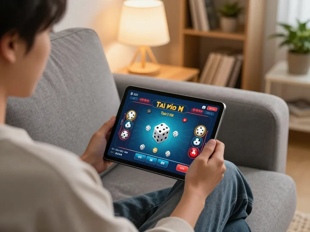 Tài xỉu online gameplay on a tablet in a cozy living room, showcasing strategic betting.