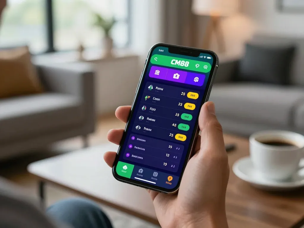 Experience dynamic sports betting at CM88 through an engaging mobile app interface in a modern home.