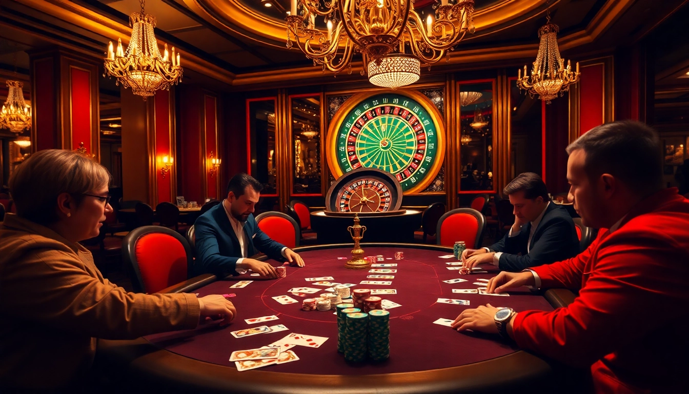 Players engaging in a high-stakes poker game at nhà cái i8bet.com casino, showcasing excitement and luxury.