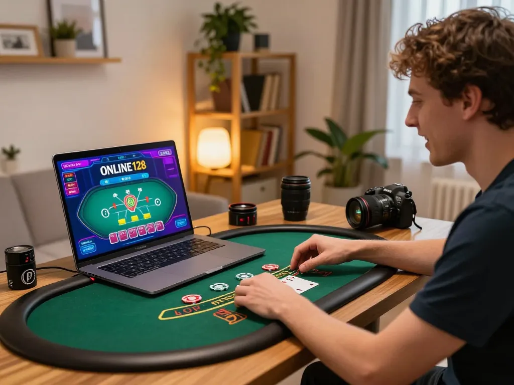 Engaging in live dealer blackjack with ONLINE128 at a stylish home gaming setup, showcasing strategy and excitement.