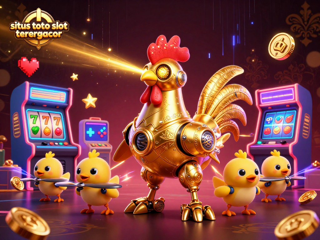 Experience the thrill of situs toto slot tergacor with a golden rooster robot and vibrant slot elements!