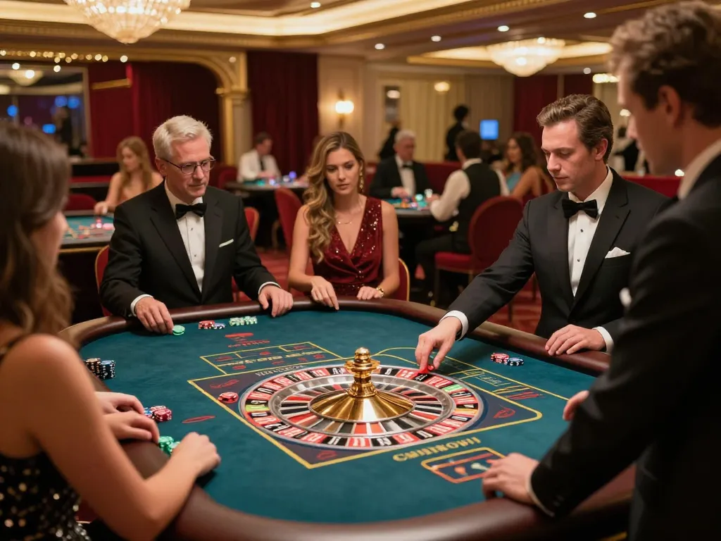 Engage in the thrilling debet experience at a luxurious roulette table, players placing bets.