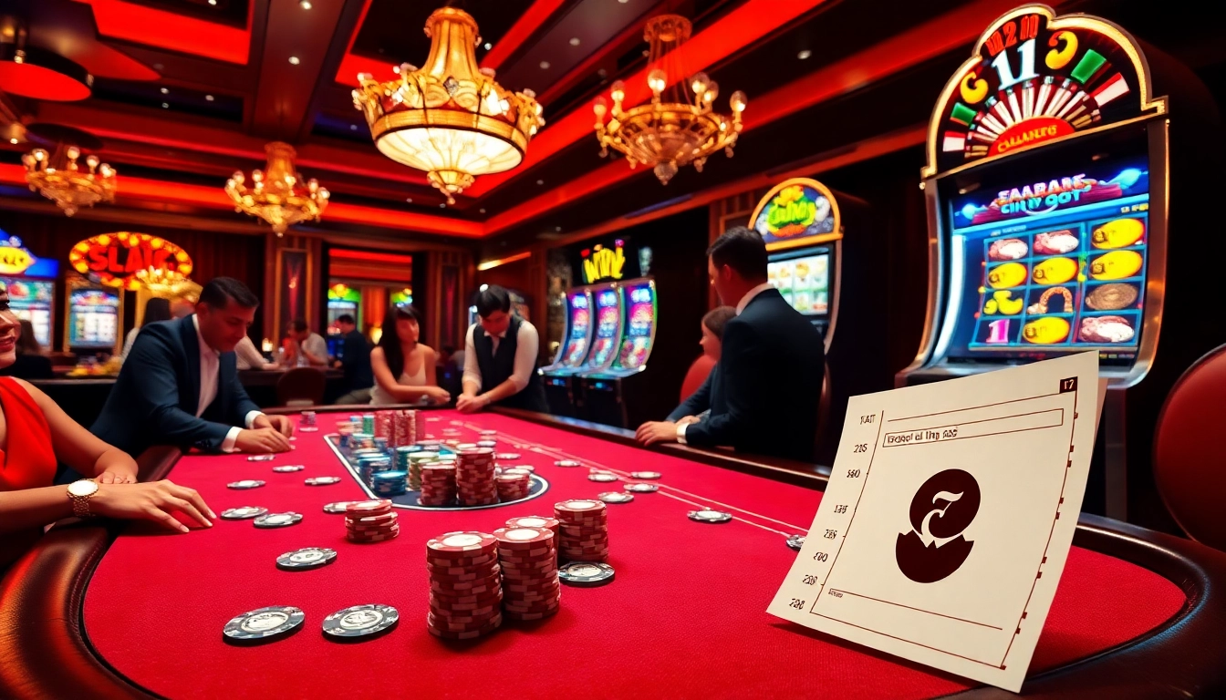 Situs11 daftar engaging poker game with vibrant chips, cards, and slot machines creating an exciting casino atmosphere.