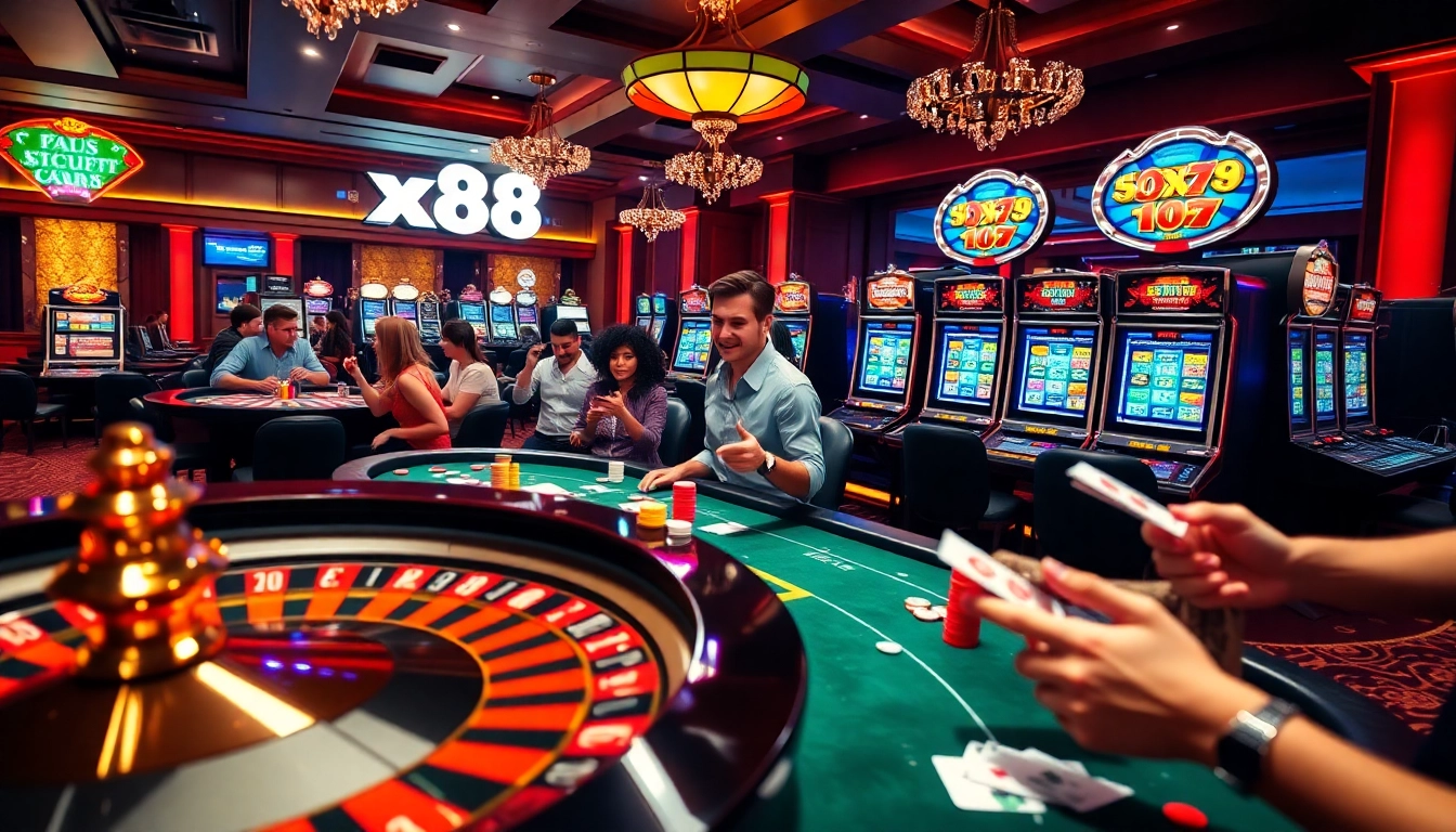 Players enjoying an exciting gaming experience at XX88 casino with roulette and poker tables.