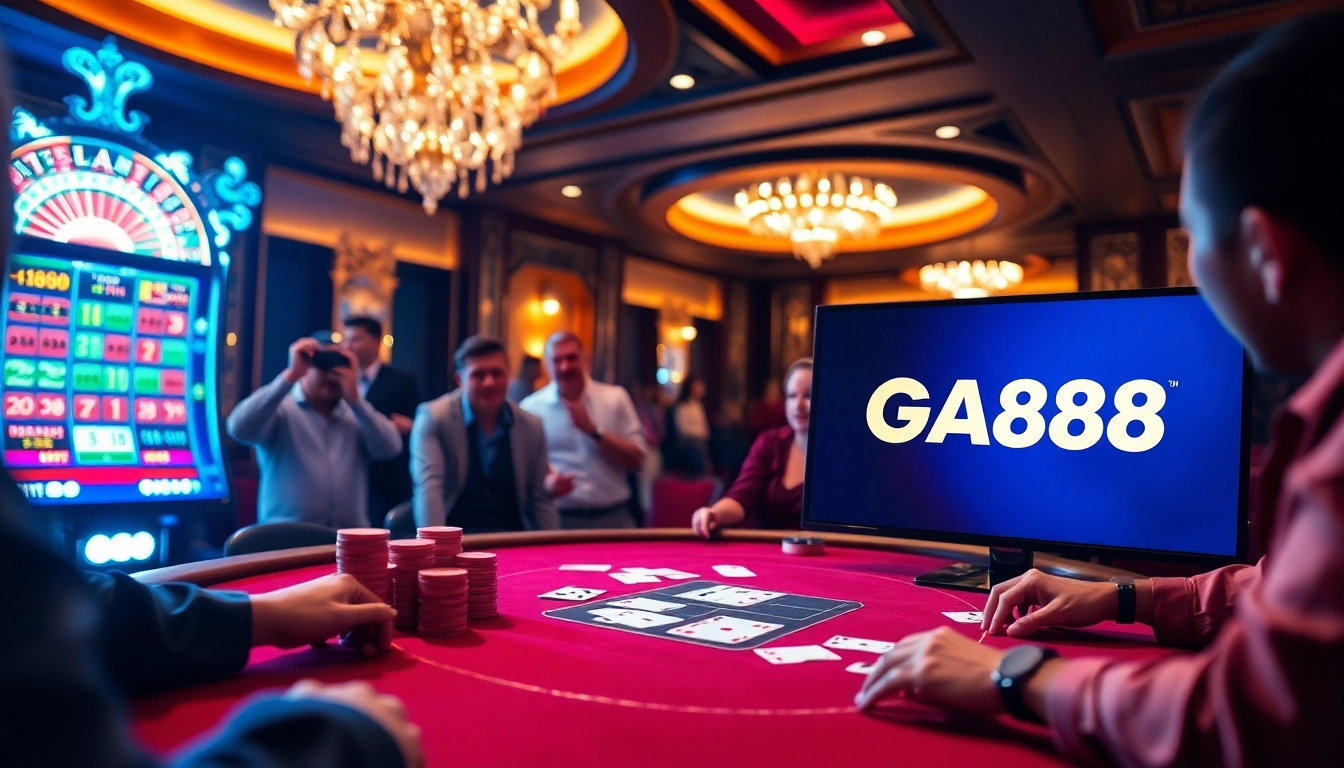 Engaging casino action at GA888 with poker tables and vibrant slot machines.